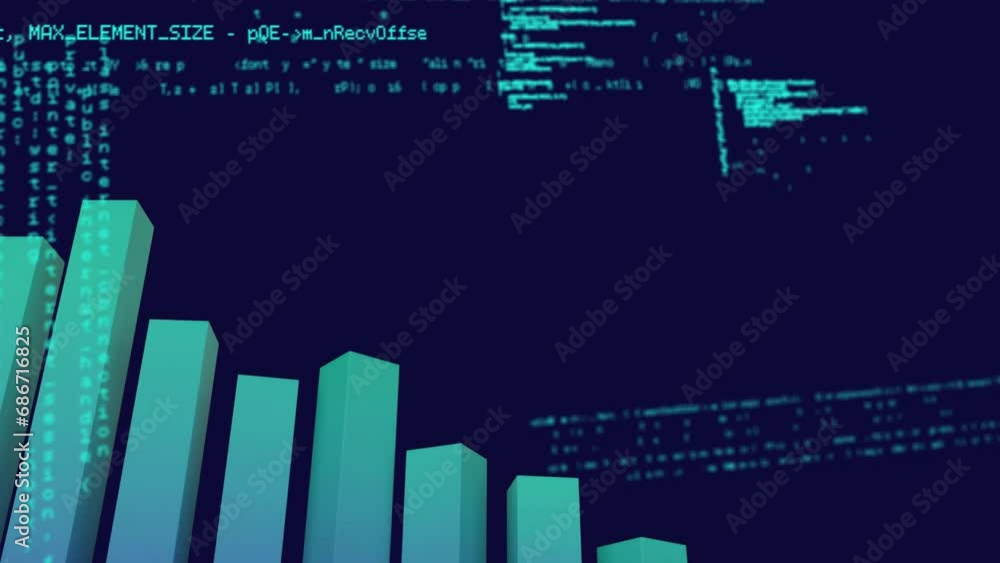 Poster animation of moving 3d bar graph and computer language against black background