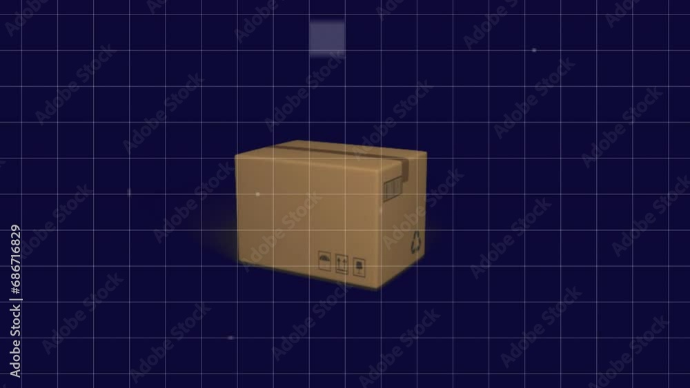 Poster animation of squares on grid pattern and falling cardboard box against black background