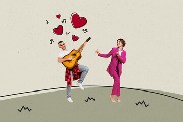 Creative abstract template collage of funny couple dance play guitar valentine day dating concept...