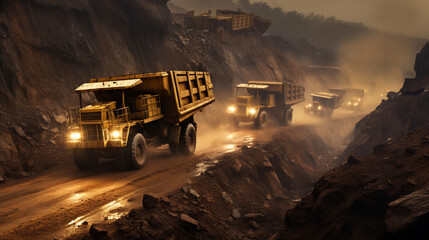 Large yellow dump trucks transporting Platinum ore for processing from the mining quarry.
