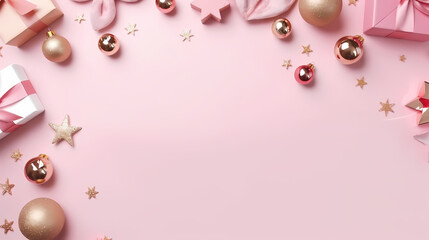 Top view photo of christmas decorations pink balls gold bell pine snowflake shaped ornaments white gift boxes stars serpentine sequins on isolated pastel pink background with copyspace mock up