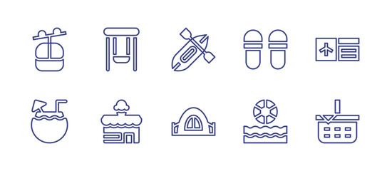 Holiday line icon set. Editable stroke. Vector illustration. Containing cable car cabin, canoeing, boarding pass, coconut, camping tent, picnic basket, swings, slippers, shop, beach ball.