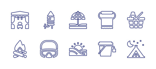 Holiday line icon set. Editable stroke. Vector illustration. Containing firecracker, towel, diving goggles, bucket, canopy, parasol, picnic basket, campfire, sunset, tent.