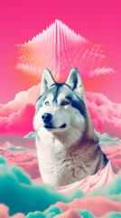 husky dog surreal scene, art school poster style, emerald golden pink created with Generative Ai