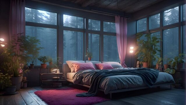 animated virtual backgrounds, stream overlay loop wallpaper, cozy lo-fi bed room with woods behind the window, vtuber asset twitch zoom OBS screen, anime chill hip hop