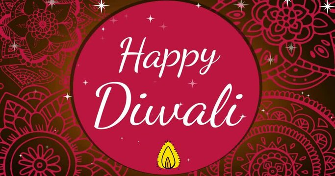 Animation of stars falling over happy diwali text in circle and flame against floral pattern