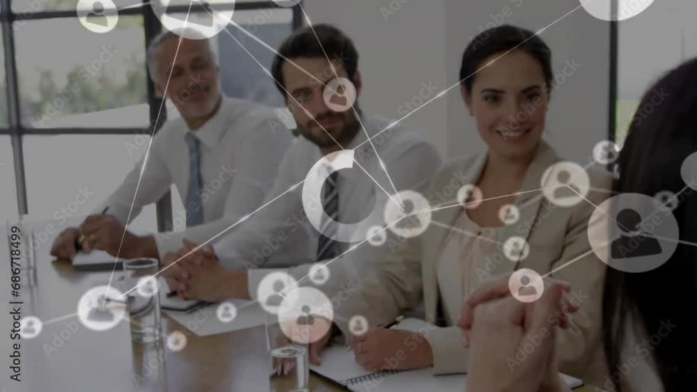 Poster animation of loading circles and connected icons over diverse coworkers discussing reports in office