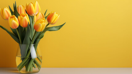 Yellow tulips in vase on yellow background, generative AI
