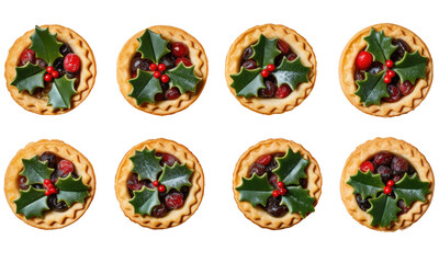 Fototapeta na wymiar A collection of Christmas mince pies with holly isolated on transparent background