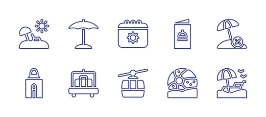 Holiday line icon set. Editable stroke. Vector illustration. Containing beach, summer, sunshade, lantern, cableway, sun umbrella, menu, luggage cart, beach ball.