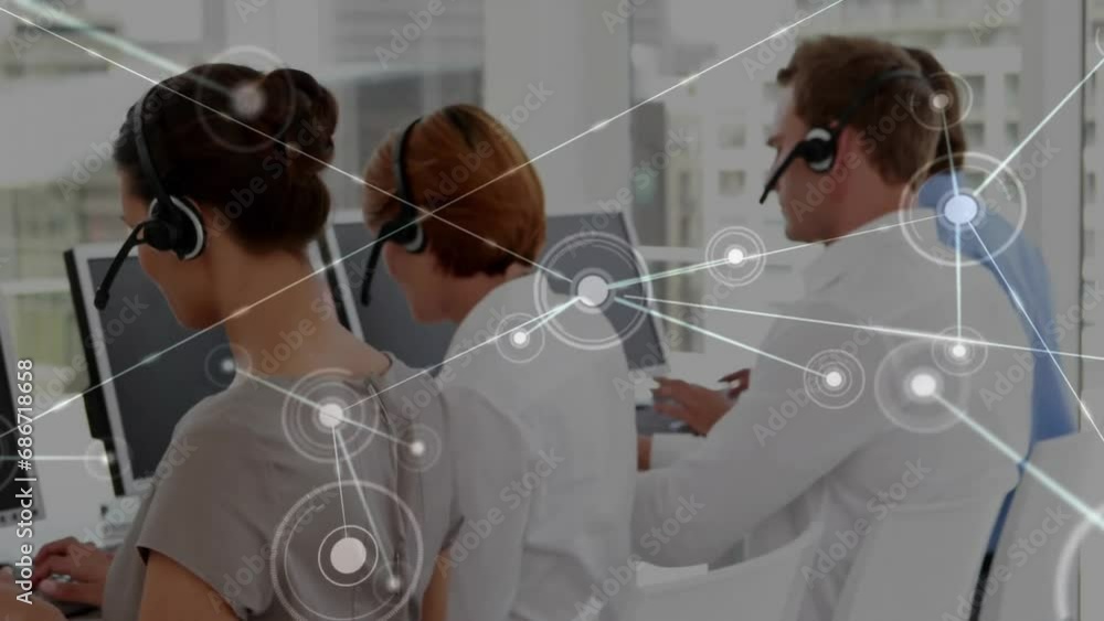 Wall mural animation of connected dots, diverse call center agents talking with customers wearing headsets