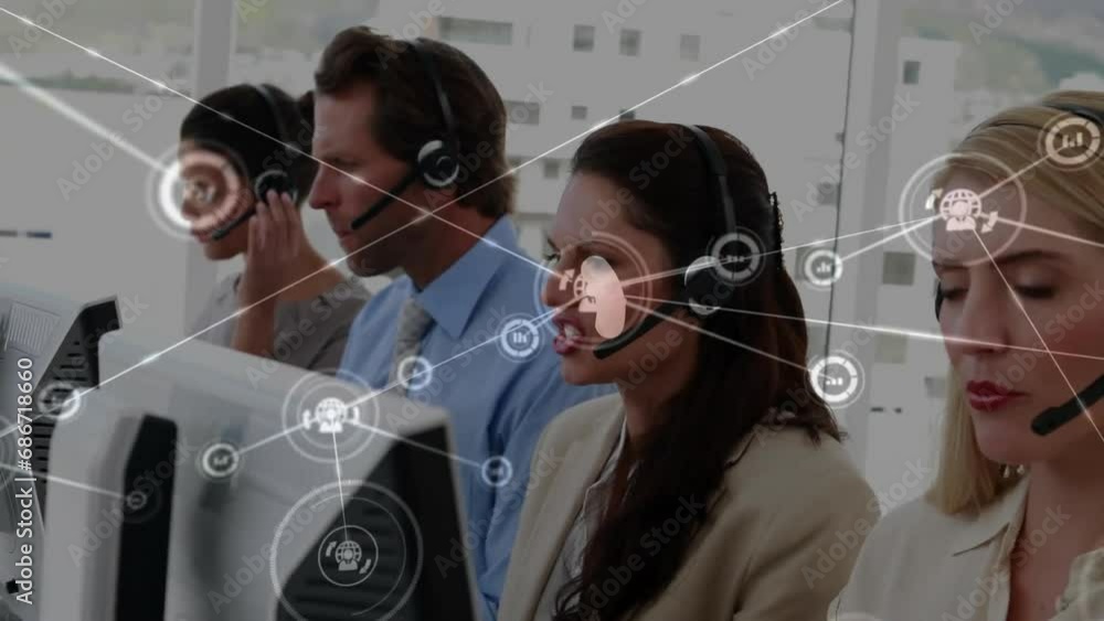 Poster animation of connected icons, diverse call center agents solving customer queries over headsets