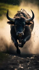 Fotobehang a black bull running through dirt © Vasile