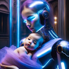 Humanoidalny robot trzymający na rękach niemowlę. Macierzyństwo przyszłości, sztuczna inteligencja, integracja człowieka z maszyną - obrazy, fototapety, plakaty