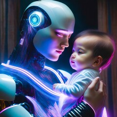 Humanoidalny robot trzymający na rękach niemowlę. Macierzyństwo przyszłości, sztuczna inteligencja, integracja człowieka z maszyną - obrazy, fototapety, plakaty