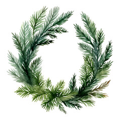 Tannenkranz Aquarell Grün Weihnachten Dekoration Handgemalt Festlich Wandkunst Natur Illustration Pflanzen Zweige Feiertag Geschenk