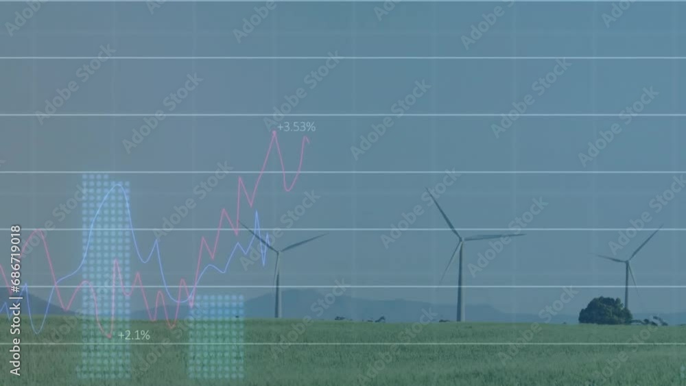 Poster animation of multiple graphs and changing numbers over spinning windmill against clear sky