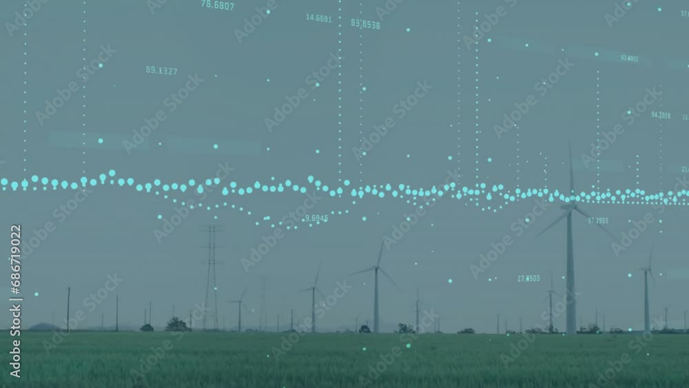 Poster animation of multiple graphs and changing numbers over windmill on green field against sky