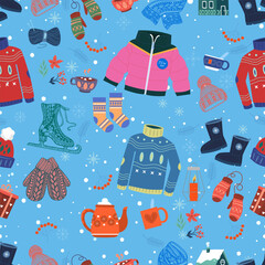 Seamless pattern, Winter, winter clothes, jacket, sweater, mittens, scarf, boots, socks, hat, skates, building, house, teapot, cup of hot tea, cup of coffee, snow, snowflakes.
