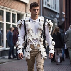 Man wearing high tech exoskeleton. Great for stories on robotics, workforce, futuristic healthcare, bionics, exosuit and more. 