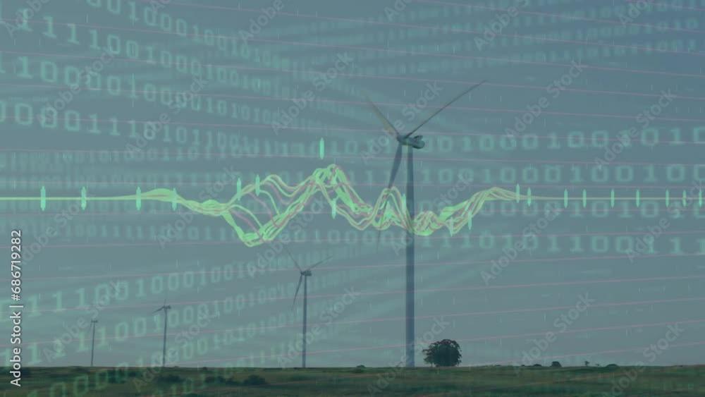 Poster animation of multicolored graphs, binary codes over windmills against sky