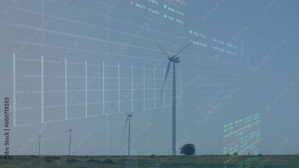 Poster animation of trading boards and graphs with changing numbers over windmills against sky