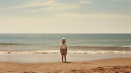 Back view of a lonely child in the beach 