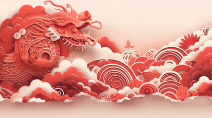 Banner design with abstract pattern in oriental style, red dragon, paper-cut waves. Chinese New Year.