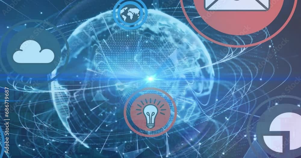 Poster animation of multiple icons over circles around globe against abstract background