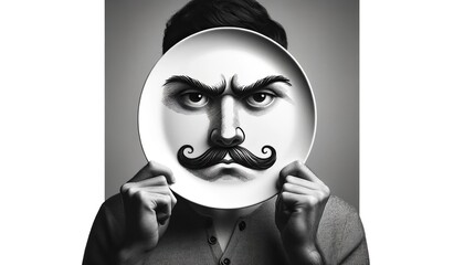Person's face obscured by a sketched mask on a plate reveals a playful take on identity and expression