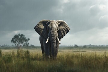 an elephant with tusks in a field. Ai ilustration. digital painting. Generative AI Artificial Intelligence Artwork