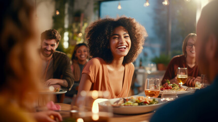 Obraz na płótnie Canvas Happy diversity multi-ethnic millennials friends having dinner in a cafe