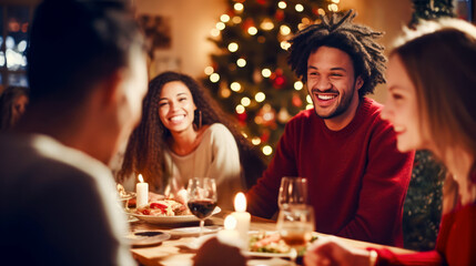 Happy diversity multi-ethnic friends having christmas dinner at home. Christmas tree on background