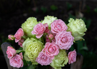 Bouquet of beautiful fresh pink and green roses close up. Mother's Day, International Women's Day, Valentine's Day. Floral surprise from with love. Flower delivery
