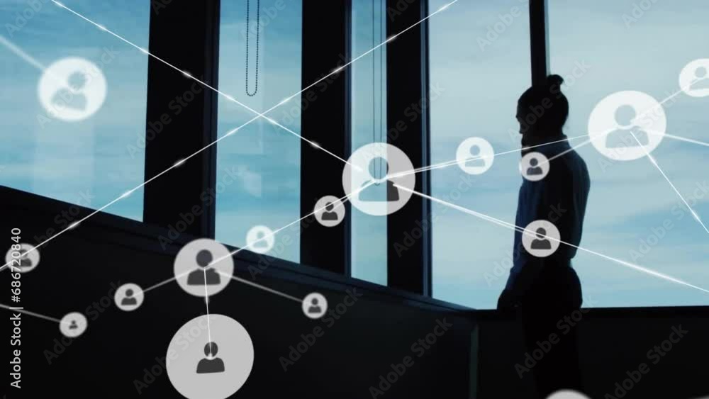 Poster animation of network of connections with icons over businessman using smartphone in office