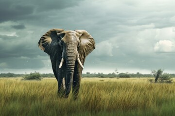 Naklejka premium an elephant with tusks in a field. Ai ilustration. digital painting. Generative AI Artificial Intelligence Artwork