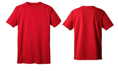 red t shirt  with short sleeves in front and back view, mockup, isolated on transparent background