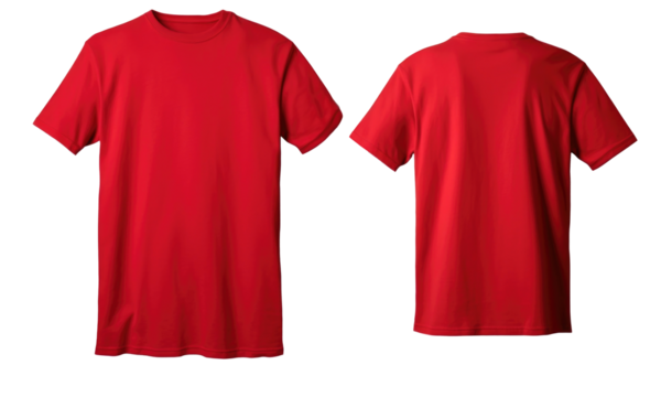 red t shirt  with short sleeves in front and back view, mockup, isolated on transparent background