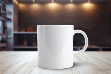 Mock up of white mug on a table with kitchen on background