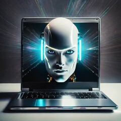 Twarz humanoidalnego robota wychodząca z ekranu laptopa. Motyw sztucznej inteligencji, rozwoju technologii - obrazy, fototapety, plakaty