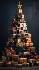 Christmas tree made of gift boxes on dark background. Christmas and New Year concept.