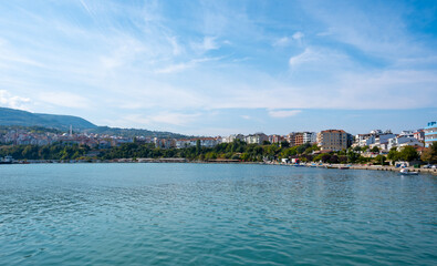 Naklejka premium Captured the beauty of the Gerze coastline, where the Black Sea meets the shores in a dance of waves. Gerze, Sinop. Turkey