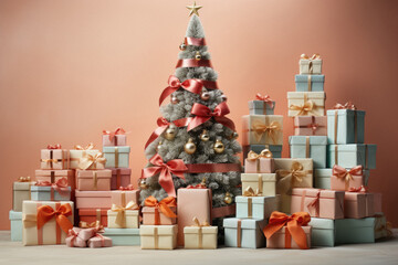 Christmas tree made of gift boxes on table against color background, closeup.
