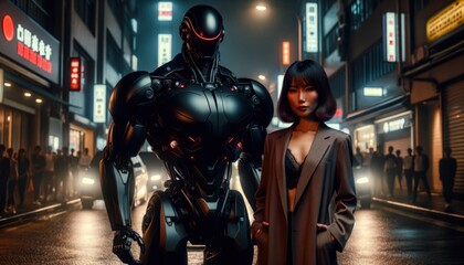 Fototapeta na wymiar A stylish woman in a trench coat captures a moment with a futuristic robot against a neon city nightscape