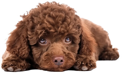 Adorable, cute, chocolate brown miniature poodle lying  isolated on transparent background - Powered by Adobe