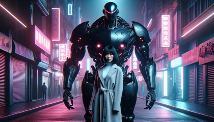 Stylish young woman stands confidently with her robotic guardian on a neon city street at night