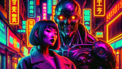 Intense scene with a woman standing beside a menacing, skull-faced cybernetic creature in neon light