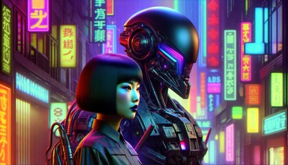 A neon cyberpunk portrait featuring a woman and her robotic counterpart in a vivid, colorful scene