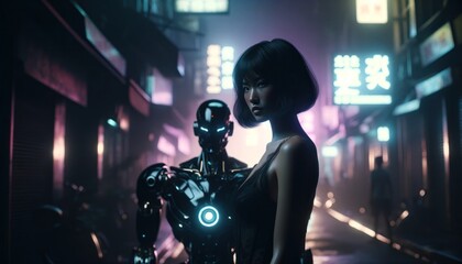 Mysterious woman casts a glance over her shoulder, flanked by a robot in a misty, neon-lit city