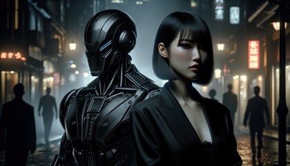 Fototapeta premium A futuristic robot and elegant woman stand side by side in a neon-lit urban street scene